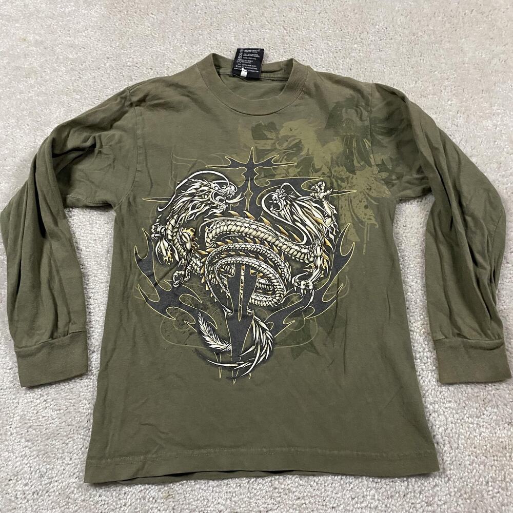VTG Top Heavy Shirt Boys S Green Long Sleeve Dragon Graphic Fantasy Tee Cotton